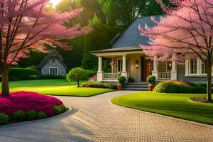 uma lindo casa com Rosa árvores dentro a frente quintal. gerado por IA foto