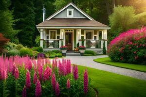uma pequeno casa cercado de flores e árvores gerado por IA foto