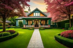 uma lindo casa com uma verde frente porta e uma Rosa árvore. gerado por IA foto