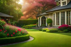uma lindo jardim com uma gramado e flores gerado por IA foto