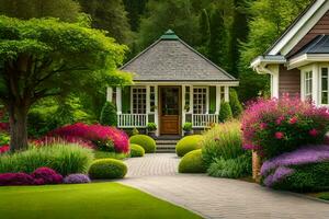 uma lindo jardim com flores e arbustos. gerado por IA foto