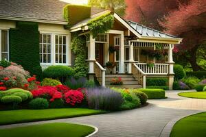 uma lindo casa com uma jardim e flores gerado por IA foto