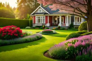 lindo panorama com gramado e flores dentro frente do uma casa. gerado por IA foto