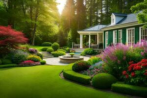 lindo jardim com verde casa e flores gerado por IA foto