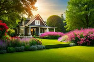 lindo panorama com casa e flores dentro a jardim. gerado por IA foto