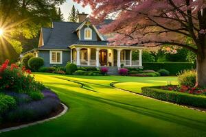 uma lindo casa com uma gramado e árvores gerado por IA foto