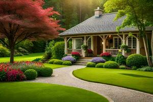 uma lindo jardim com uma casa e árvores gerado por IA foto