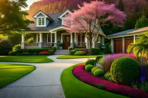 uma lindo casa com uma lindo jardim. gerado por IA foto