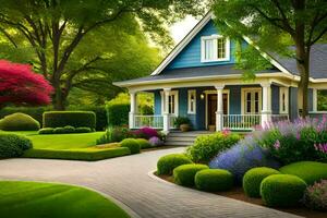 uma lindo casa com uma lindo jardim e arbustos. gerado por IA foto