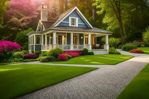 uma lindo casa com uma lindo gramado e flores gerado por IA foto