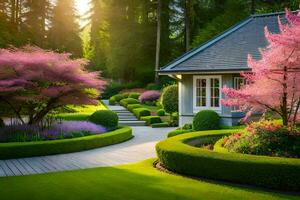 uma lindo jardim com Rosa árvores e arbustos. gerado por IA foto