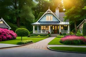 uma lindo casa com uma entrada de automóveis e flores dentro a frente quintal. gerado por IA foto