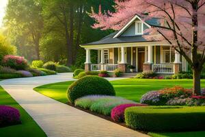 uma lindo casa com uma lindo jardim e flores gerado por IA foto