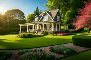 uma lindo casa dentro a meio do uma exuberante verde grama. gerado por IA foto