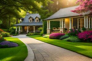uma lindo casa com uma entrada de automóveis conduzindo para uma lindo jardim. gerado por IA foto