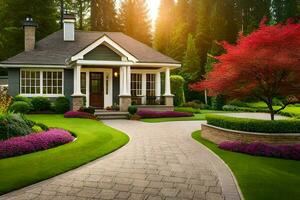 uma lindo casa com uma entrada de automóveis e paisagismo. gerado por IA foto