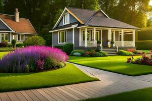 uma lindo gramado com uma casa e flores gerado por IA foto