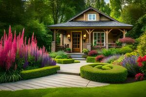 uma pequeno casa com uma jardim e flores gerado por IA foto