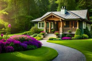 uma pequeno casa cercado de exuberante verde Relva e flores gerado por IA foto