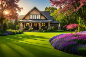 lindo casa com lindo gramado e árvores dentro a fundo. gerado por IA foto