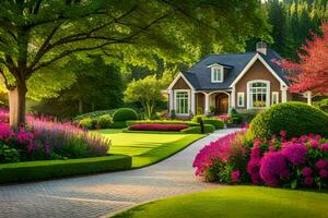 lindo casa com exuberante verde gramado e flores gerado por IA foto