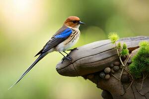 uma azul e branco pássaro sentado em uma de madeira toco. gerado por IA foto