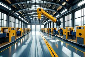 uma fábrica com amarelo robôs e máquinas. gerado por IA foto