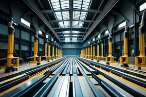 uma grandes linha do metal faixas dentro uma fábrica. gerado por IA foto