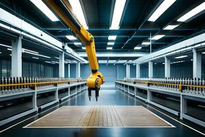 uma robô é em pé dentro uma fábrica com uma transportador cinto. gerado por IA foto