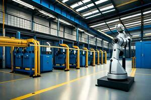 uma robô dentro uma fábrica com azul e amarelo linhas. gerado por IA foto