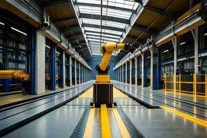 uma robô é em pé dentro uma fábrica com amarelo linhas. gerado por IA foto