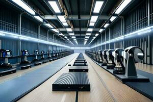 uma grandes linha do máquinas dentro uma fábrica. gerado por IA foto