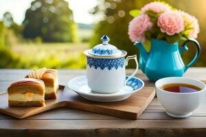 chá e bolo em uma mesa com uma Visão do a jardim. gerado por IA foto