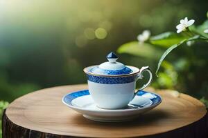 chá copo e pires em de madeira mesa com borrado fundo. gerado por IA foto