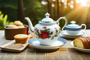 uma bule de chá, copo e prato em uma mesa com uma copo do chá. gerado por IA foto