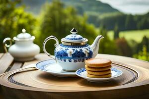 uma azul e branco chaleira e biscoitos em uma mesa. gerado por IA foto