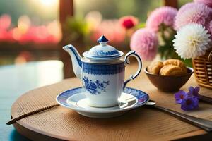 uma azul e branco chaleira é em uma de madeira mesa com flores e uma prato do biscoitos. gerado por IA foto