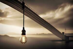 uma luz lâmpada suspensão a partir de uma ponte sobre uma corpo do água. gerado por IA foto