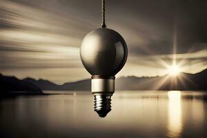 uma luz lâmpada suspensão a partir de uma corda sobre uma corpo do água. gerado por IA foto