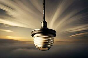 uma luz lâmpada suspensão dentro a ar com nuvens dentro a fundo. gerado por IA foto