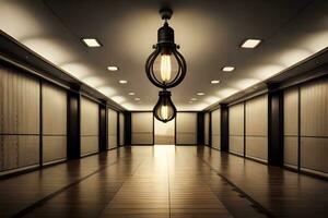 uma grandes corredor com luz lâmpadas suspensão a partir de a teto. gerado por IA foto