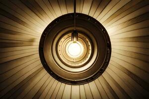 uma circular luz é brilhando dentro uma de madeira teto. gerado por IA foto