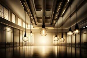 a esvaziar quarto com muitos luz lâmpadas suspensão a partir de a teto. gerado por IA foto