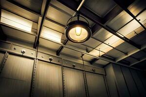 uma luz é suspensão a partir de a teto dentro uma sala. gerado por IA foto