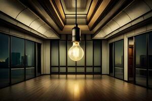 a esvaziar quarto com uma luz lâmpada suspensão a partir de a teto. gerado por IA foto