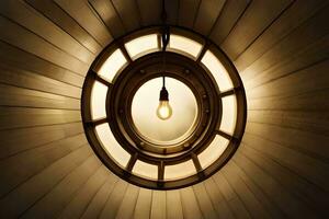 uma luz lâmpada é suspensão a partir de uma de madeira teto. gerado por IA foto