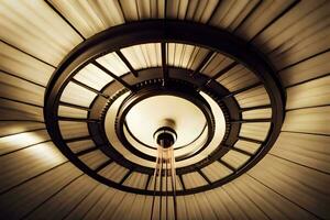 uma espiral Escadaria com uma luz lâmpada dentro a meio. gerado por IA foto