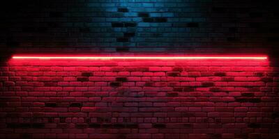 ai, ai gerado, brilhando vermelho néon luzes em uma Sombrio urbano tijolo parede vibrante vida noturna, moderno paisagem urbana, e enérgico urbano atmosfera foto
