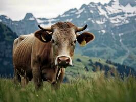 ai gerado panorama majestoso vaca pastar dentro a alpes montanhas foto