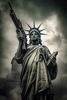 estátua do liberdade com submáquina arma de fogo simbolizando da américa complexo relação com armas de fogo e liberdade. generativo ai. foto
